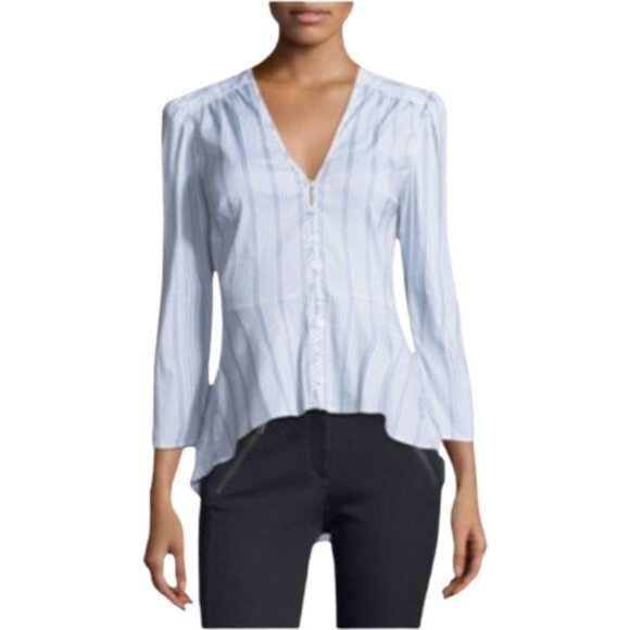 Veronica Beard Pismo Button Down Shirt Womens 6 White Blue Stripe V-Neck Top - Picture 1 of 11